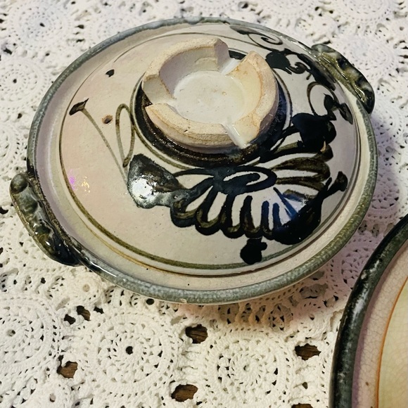 Vintage Donabe Japanese Rice Cooker Flower Motif Stoneware Earthenware Set Rare - Picture 9 of 14